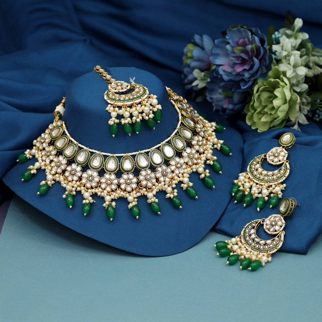 Green Color Meena Work Kundan Necklace Set (KN1391GRN) Jewellery GetGlit