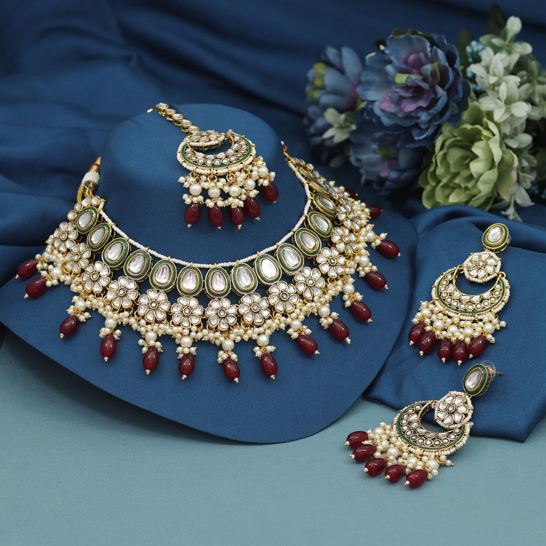 Maroon Color Meena Work Kundan Necklace Set (KN1391MRN) Jewellery GetGlit   