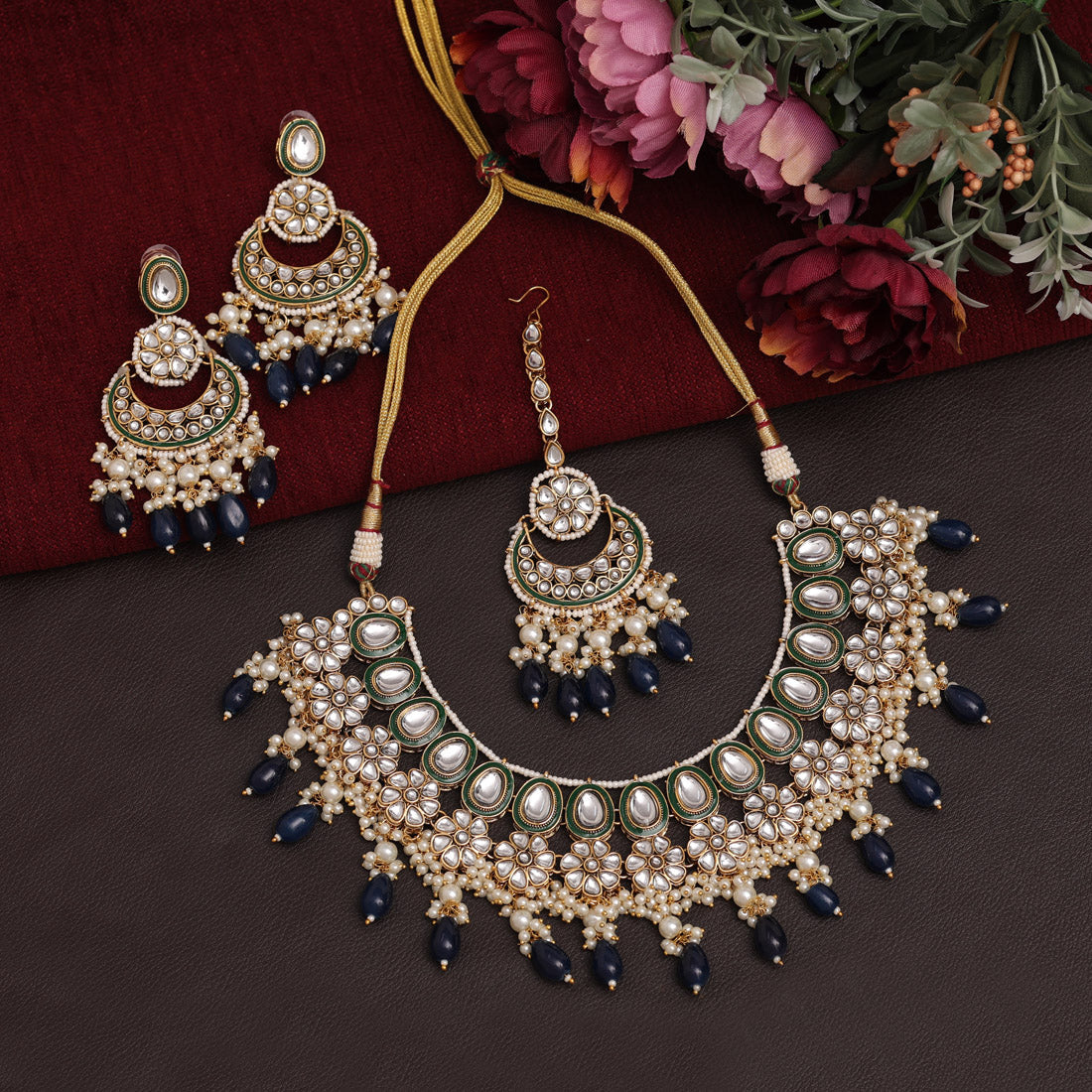 Navy Blue Color Meena Work Kundan Necklace Set (KN1391NBLU) Jewellery GetGlit   