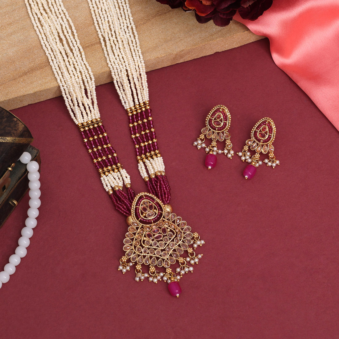 Rani Color Kundan Necklace Set (KN1395RNI)