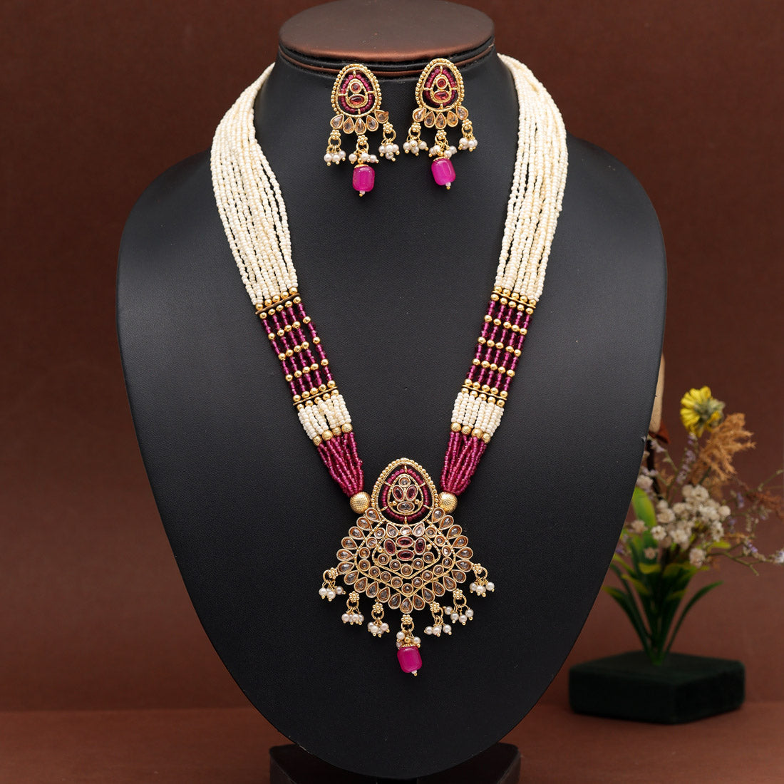 Rani Color Kundan Necklace Set (KN1395RNI) Necklaces GetGlit   