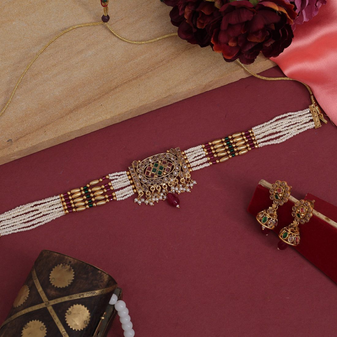 Rani & Green Color Choker Traditional Necklace Set (KN1396RNIGRN) Jewelry GlitStudio   