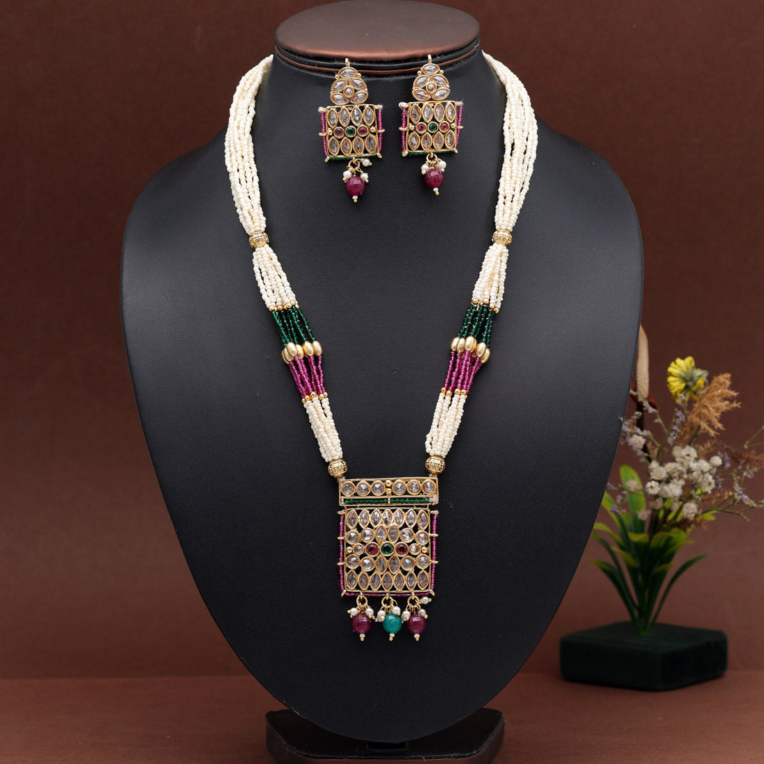 Rani & Green Color Traditional Necklace Set (KN1397RNIGRN) Necklaces GetGlit   