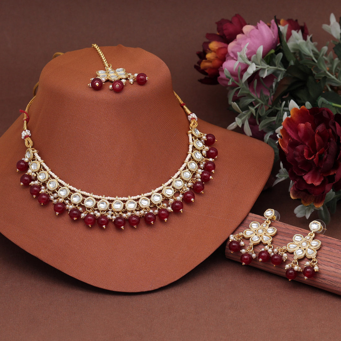 Maroon Color Kundan Necklace Set (KN1399MRN) Jewellery GetGlit   