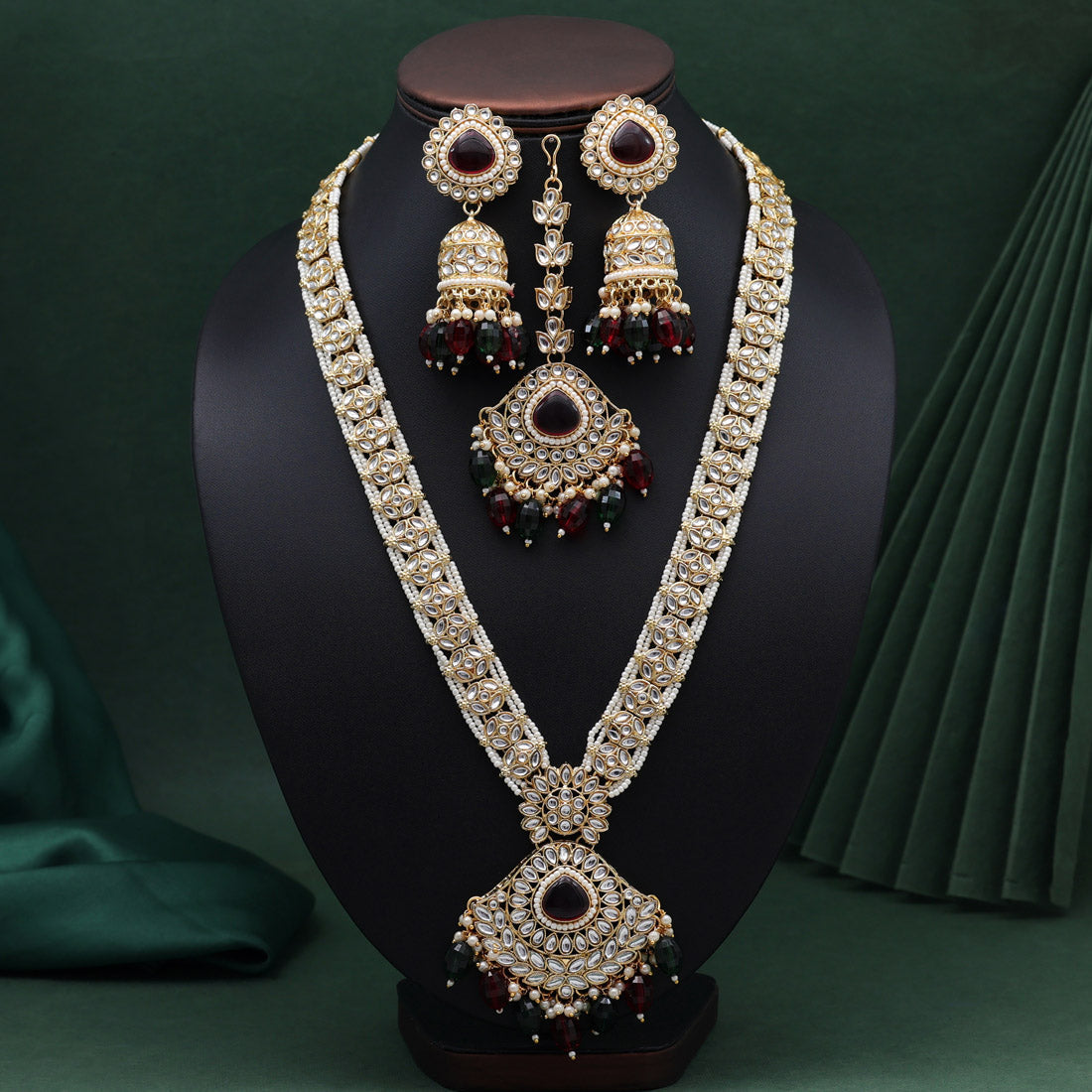 Maroon & Green Color Long Kundan Necklace Set (KN1411MG) Necklaces GetGlit   