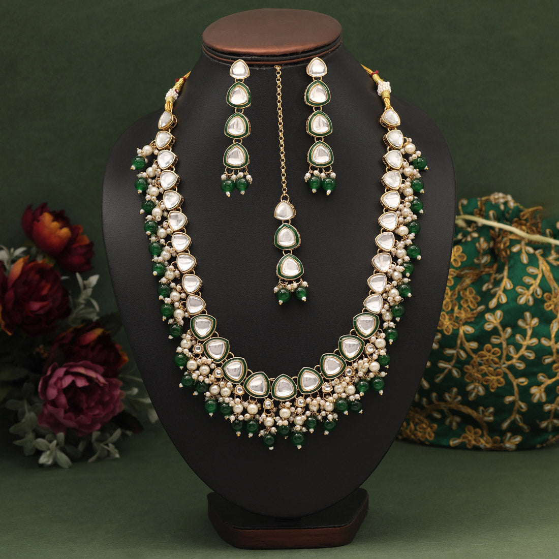 Green Color Kundan Necklace Set (KN1412GRN) Jewellery GetGlit