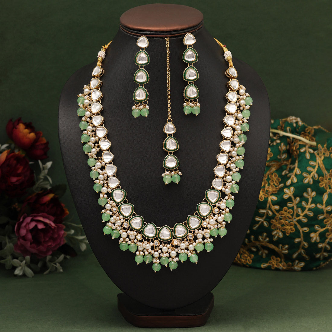 Parrot Green Color Kundan Necklace Set (KN1412PGRN) Jewellery GetGlit Default Title  