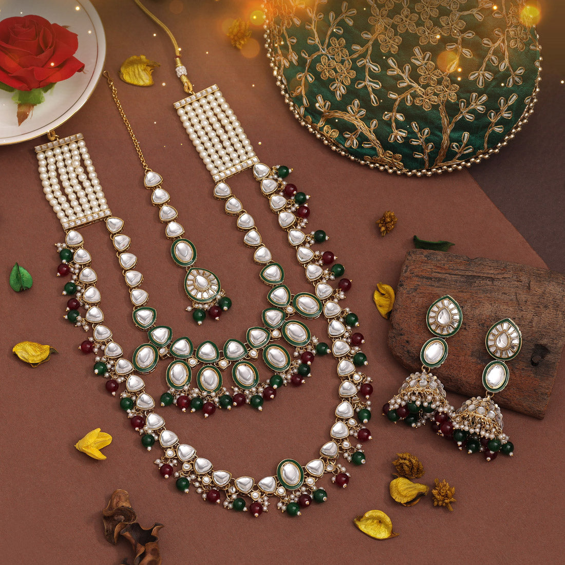 Maroon & Green Color Kundan Necklace Set (KN1414MG)