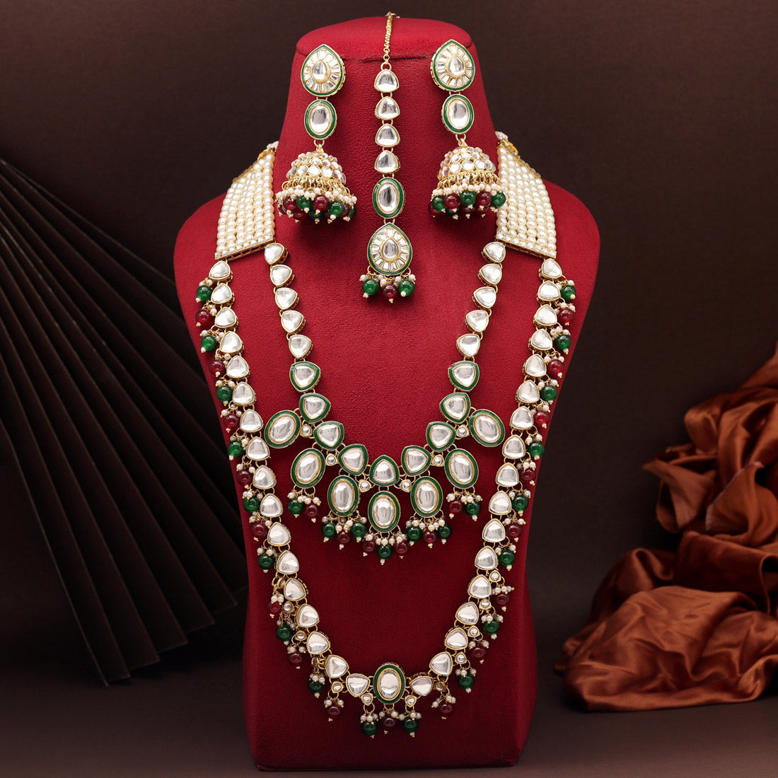 Maroon & Green Color Kundan Necklace Set (KN1414MG) Jewellery GetGlit   