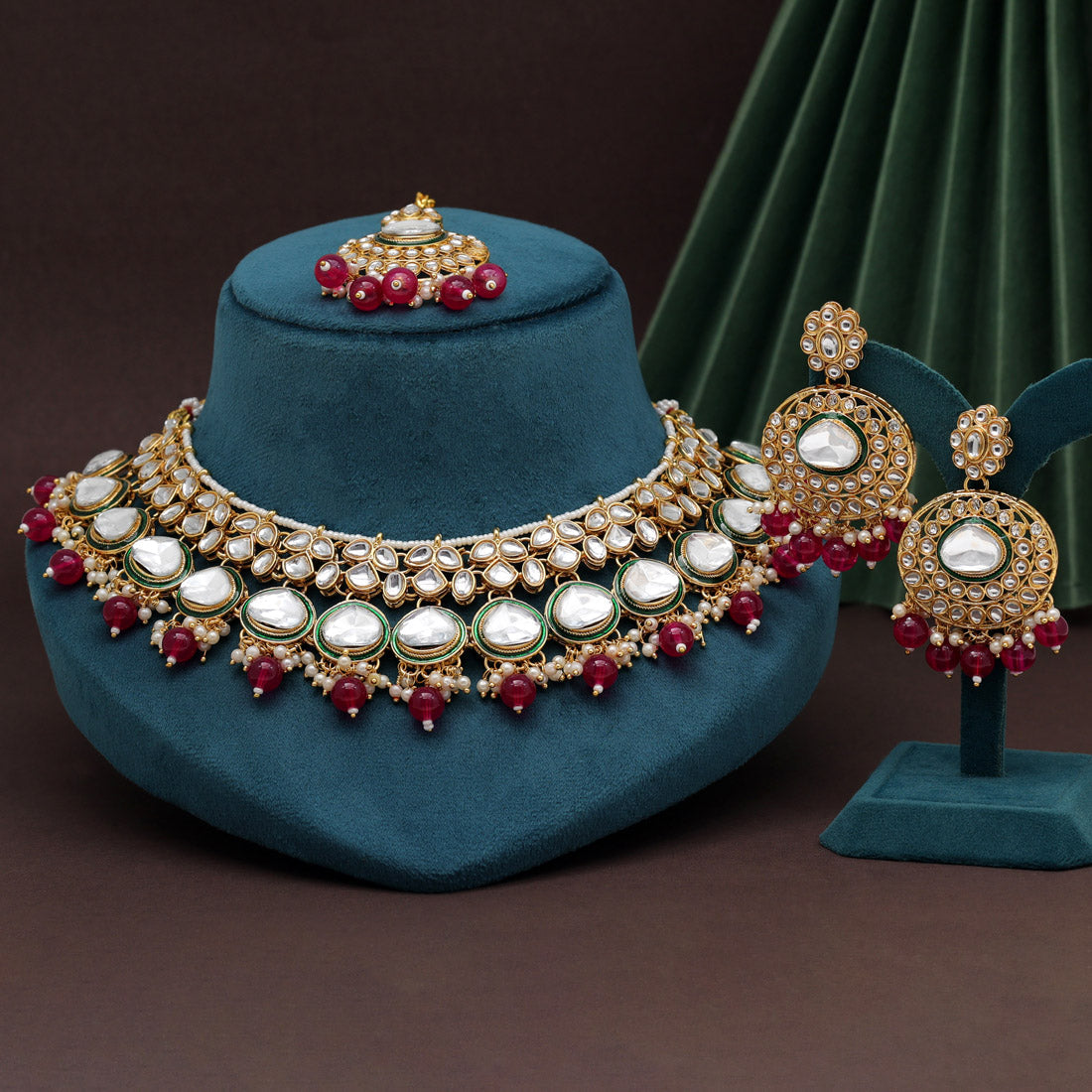 Rani Color Kundan Necklace Set (KN1415RNI) Jewellery GetGlit   