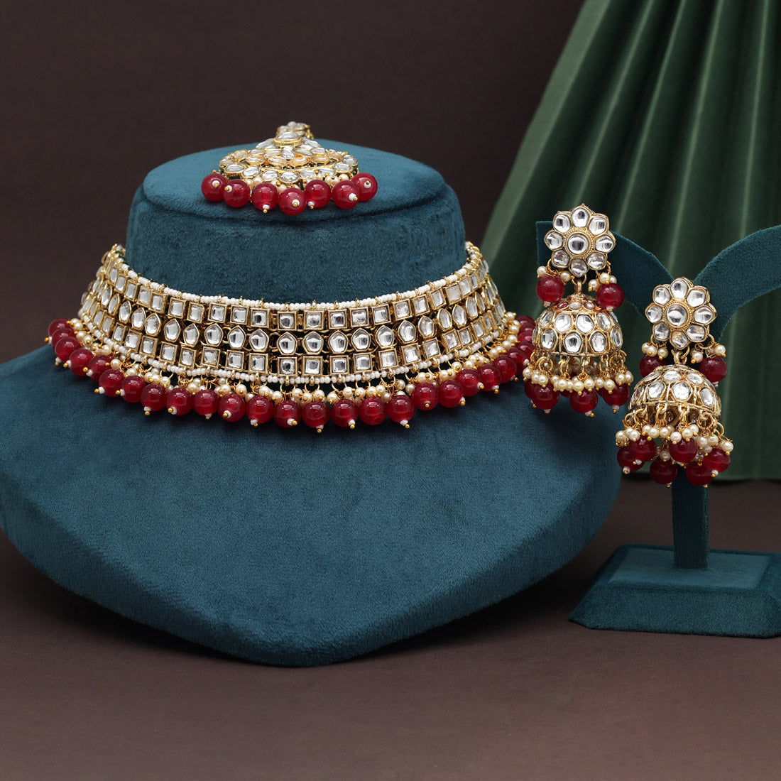 Red Color Choker Kundan Necklace Set (KN1416RED) Necklaces GetGlit   