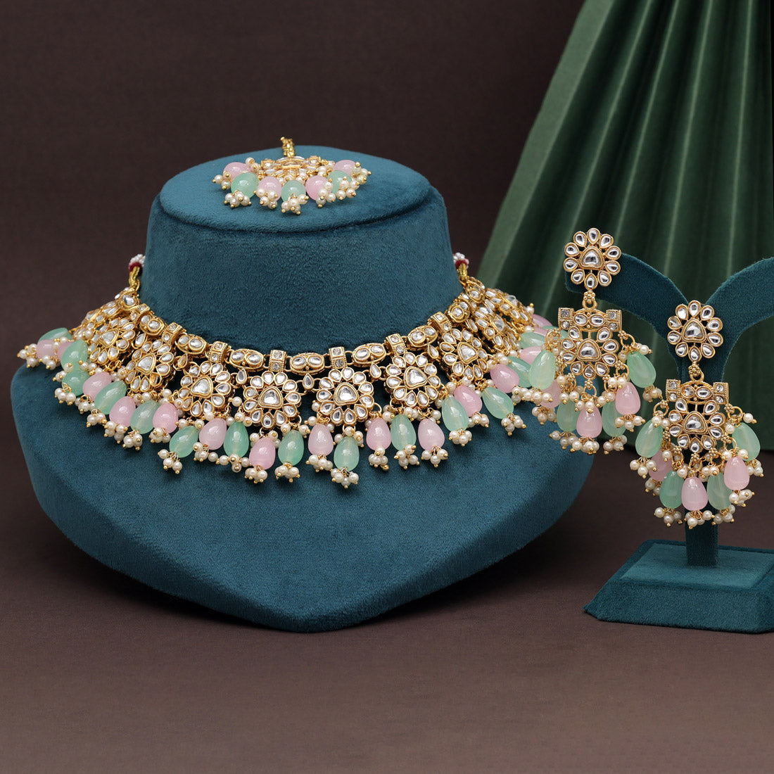 Pink & Pista Green Color Kundan Necklace Set (KN1417PNKPGRN) Jewellery GetGlit   