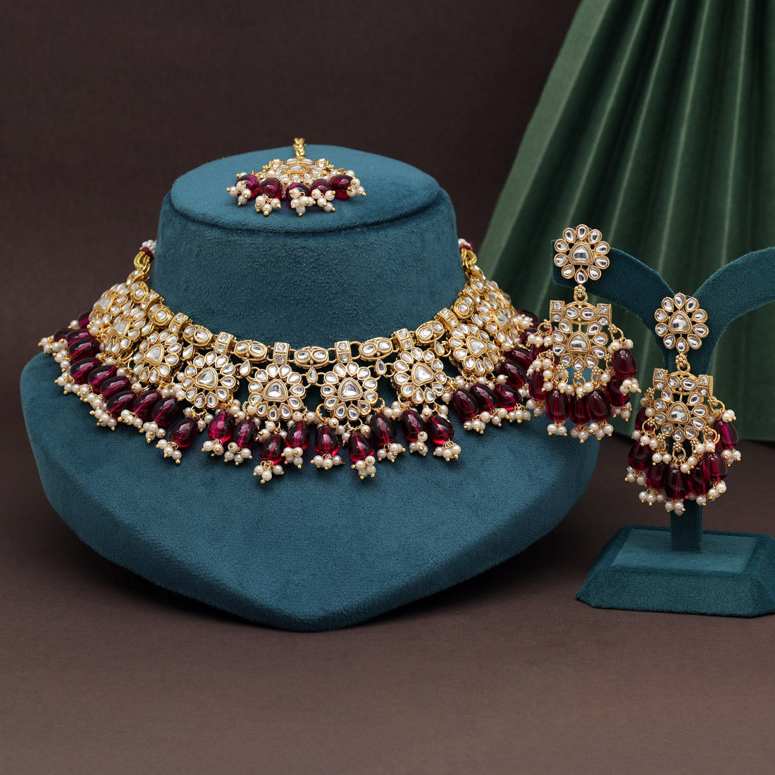 Maroon Color Kundan Necklace Set (KN1417MRN) Necklaces GetGlit   