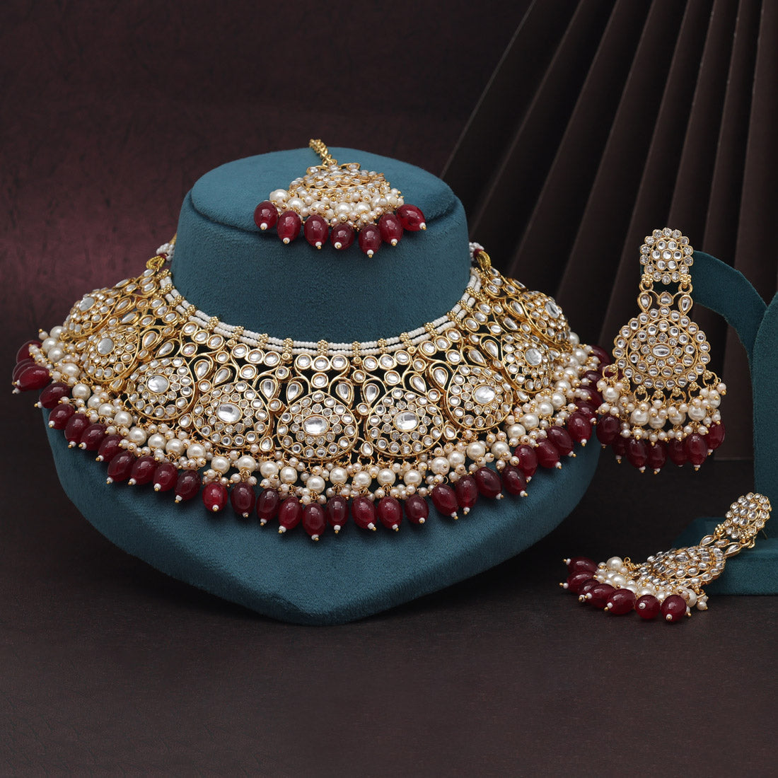 Maroon Color Kundan Necklace Set (KN1420MRN) Necklaces GetGlit   