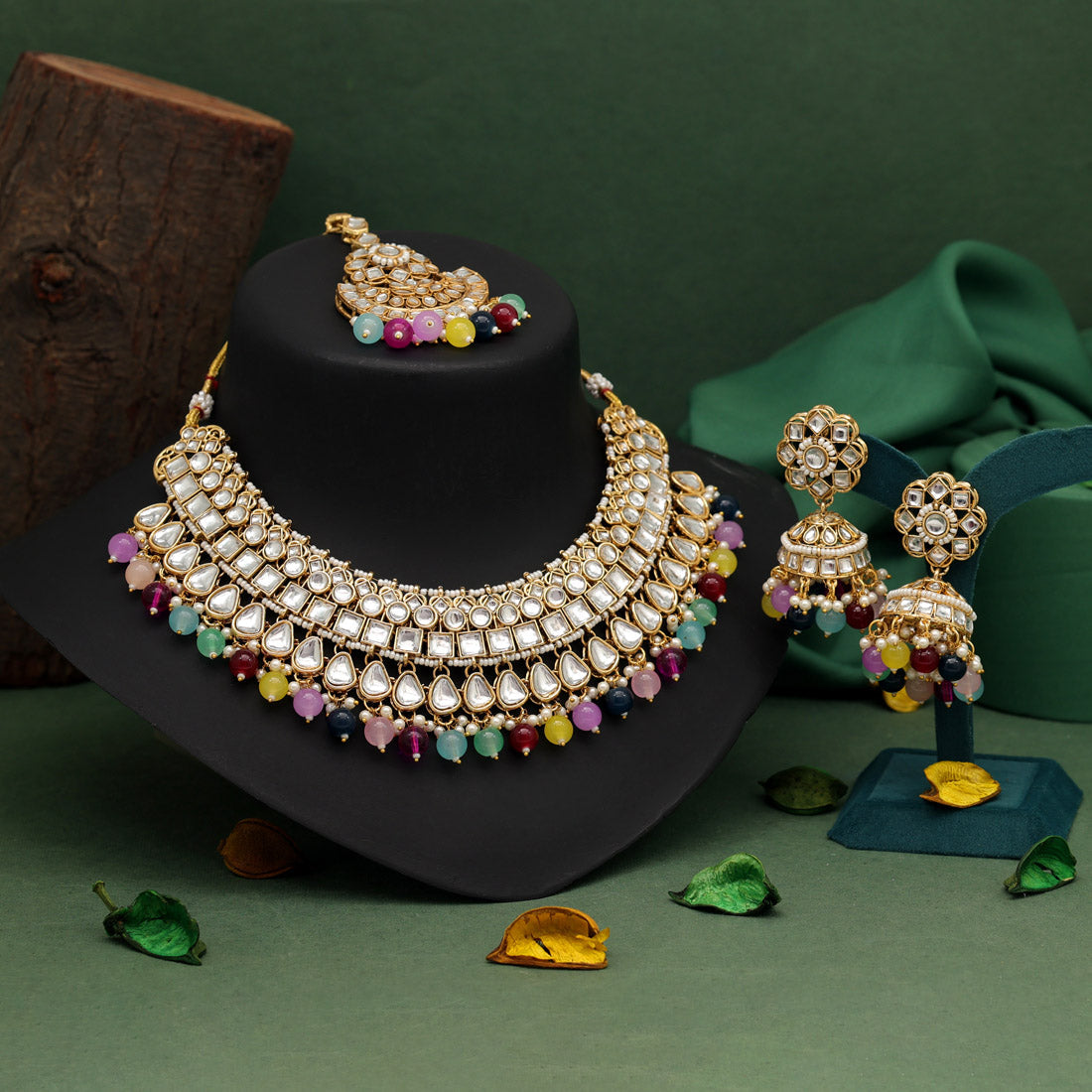 Multi Color Kundan Necklace Set (KN1421MLT) Necklaces GetGlit   