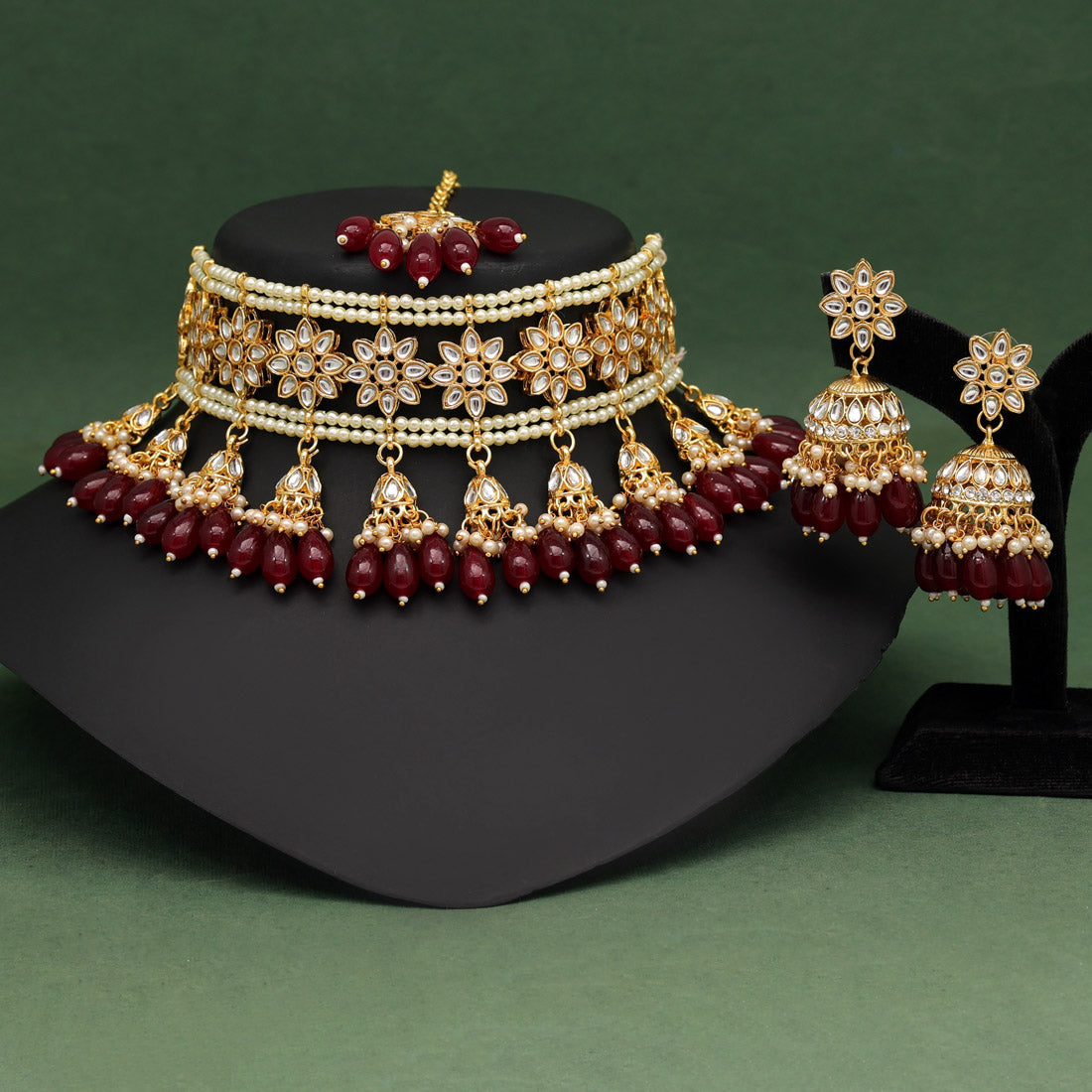 Maroon Color Choker Kundan Necklace Set (KN1422MRN) Necklaces GetGlit   