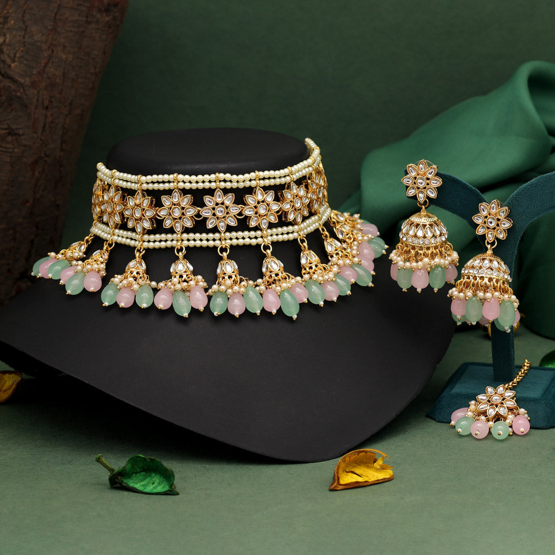 Pink & Parrot Green Color Choker Kundan Necklace Set (KN1422PNKPGRN) Jewellery GetGlit   