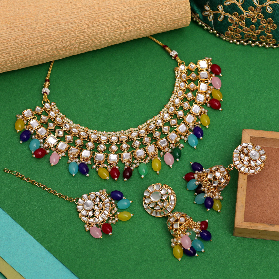 Multi Color Kundan Necklace Set (KN1423MLT) Necklaces GetGlit   