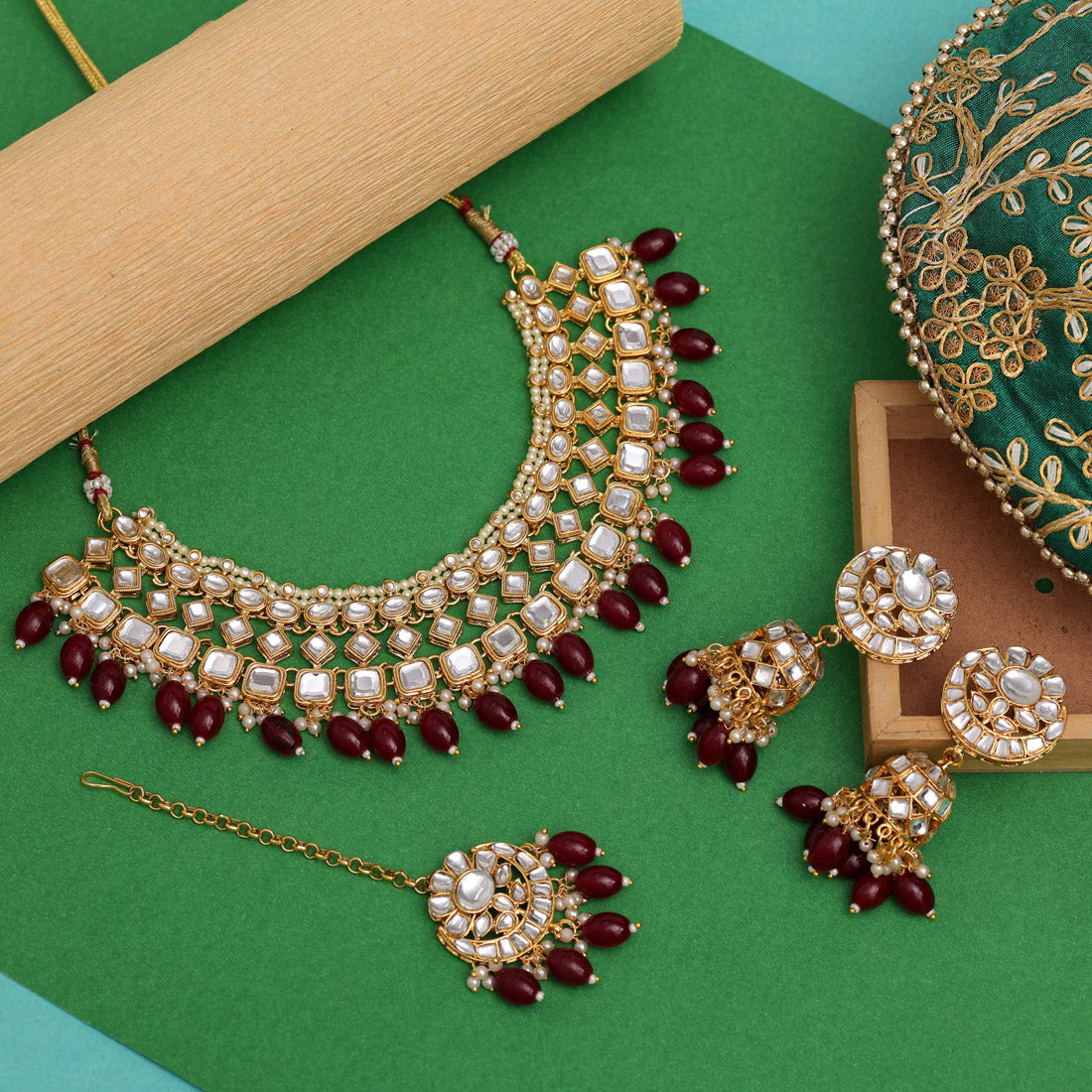 Maroon Color Kundan Necklace Set (KN1423MRN) Necklaces GetGlit   