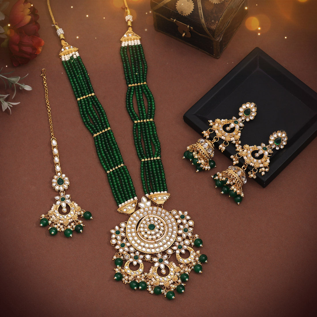 Green Color Long Kundan Necklace Set (KN1425GRN) Jewellery GetGlit