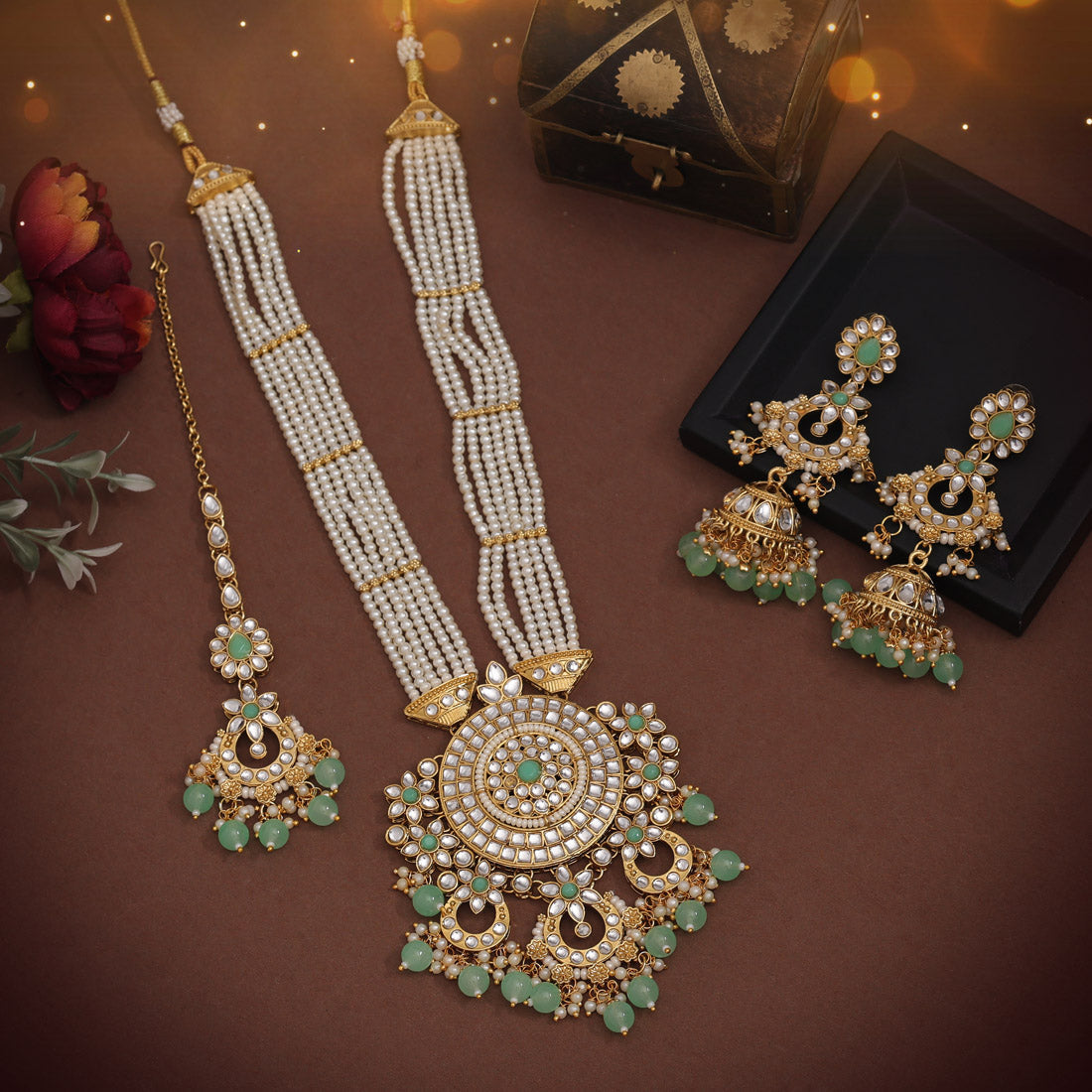 Pista Green Color Long Kundan Necklace Set (KN1425PGRN) Jewellery GetGlit