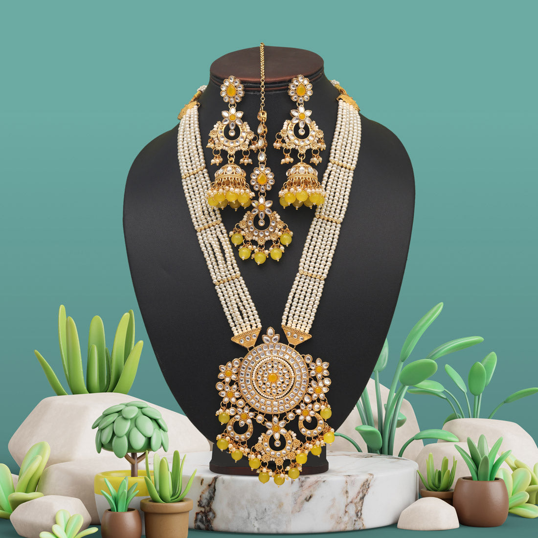 Yellow Color Long Kundan Necklace Set