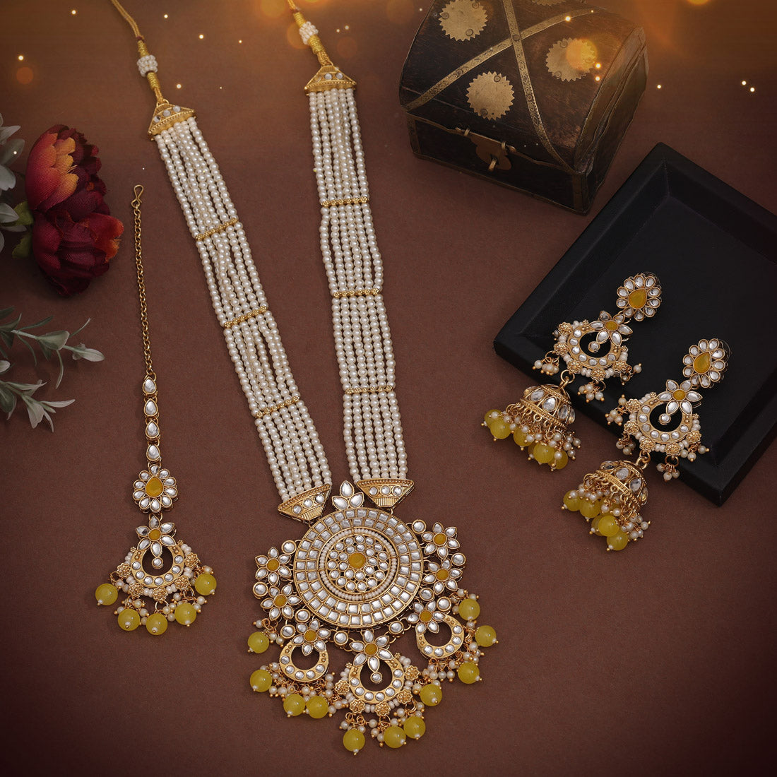 Yellow Color Long Kundan Necklace Set