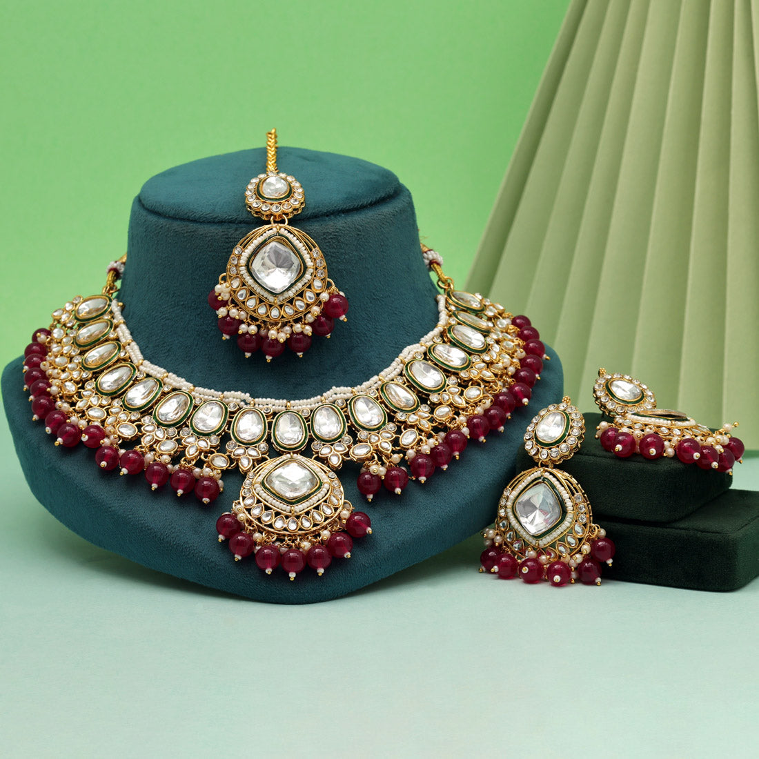 Rani Color Kundan Necklace Set (KN1433RNI) Jewellery GetGlit