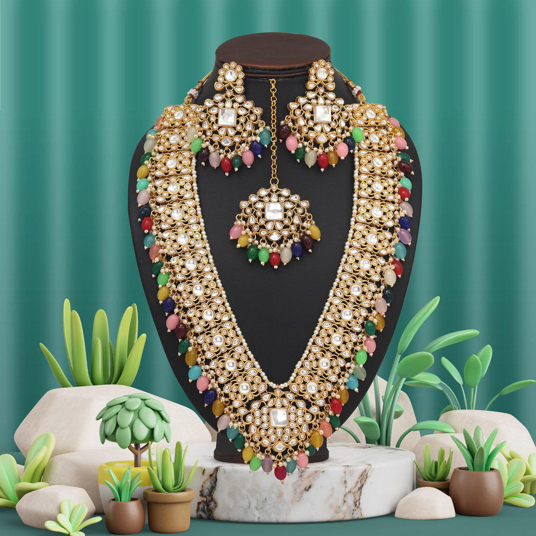 Multi Color Long Kundan Necklace Set (KN1435MLT) Jewellery GetGlit