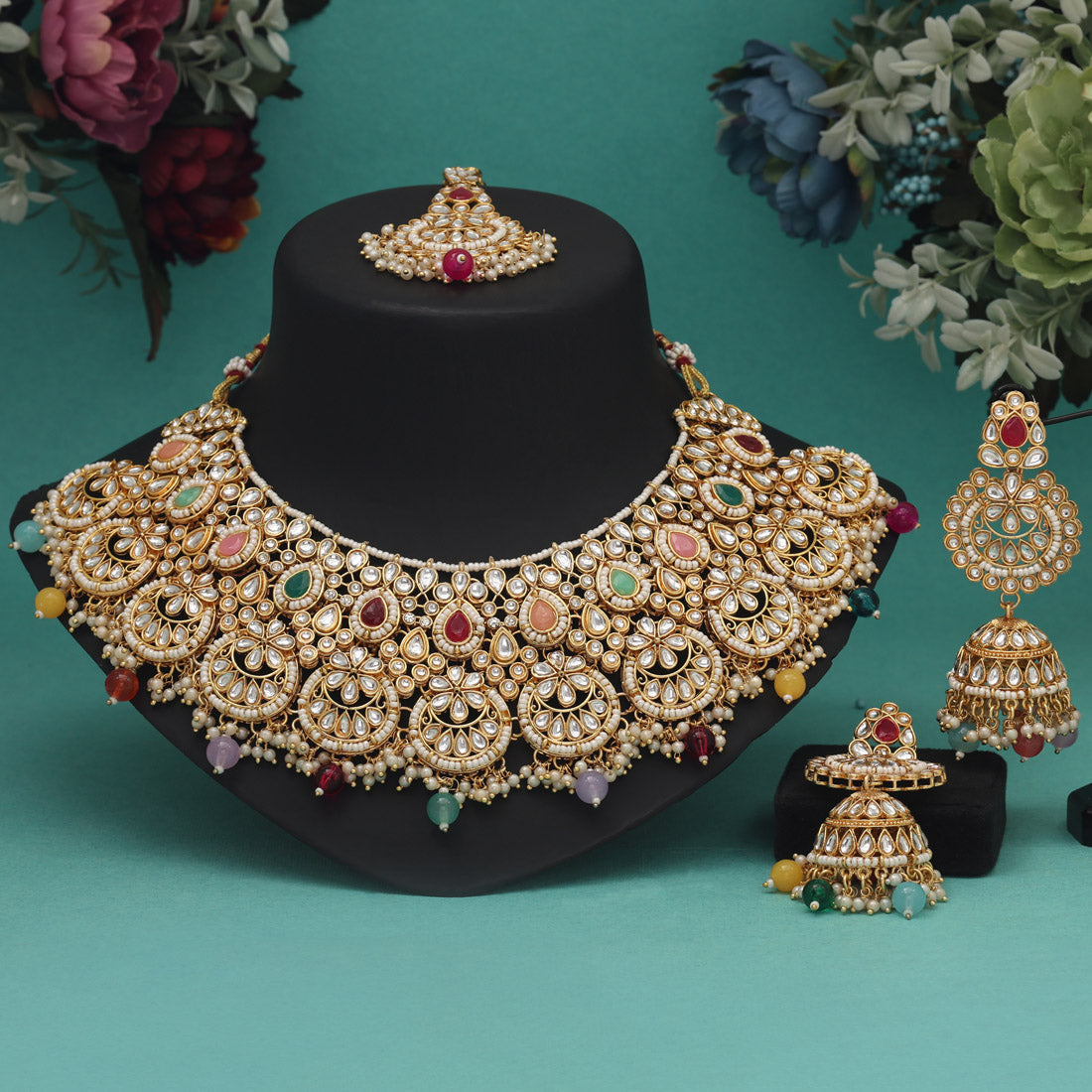 Multi Color Long Kundan Necklace Set (KN1435MLT) Jewellery GetGlit   