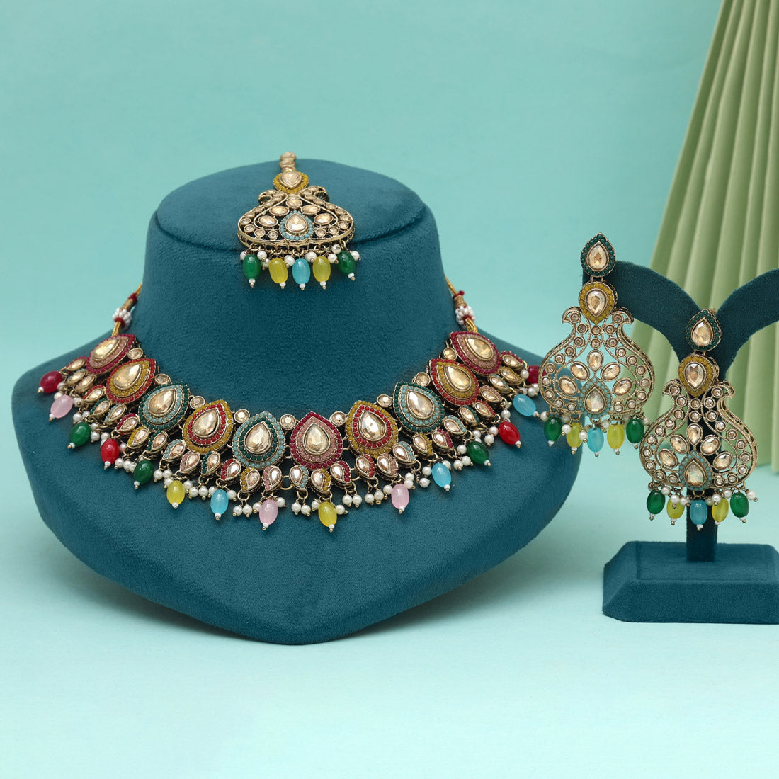 Multi Color Pakistani Kundan Necklace Set Jewellery GetGlit