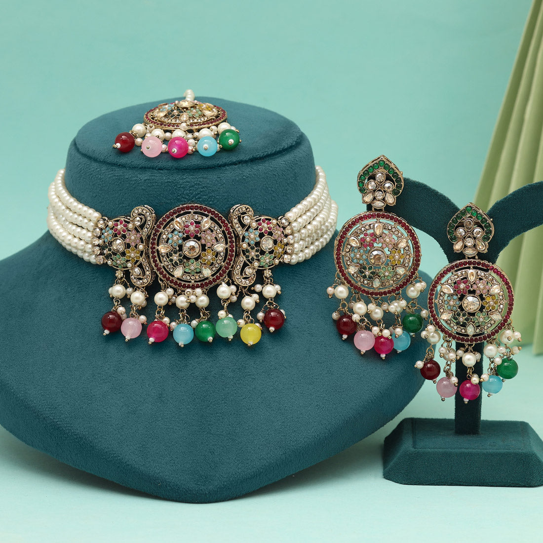 Multi Color Choker Kundan Necklace Set (KN1448MLT)