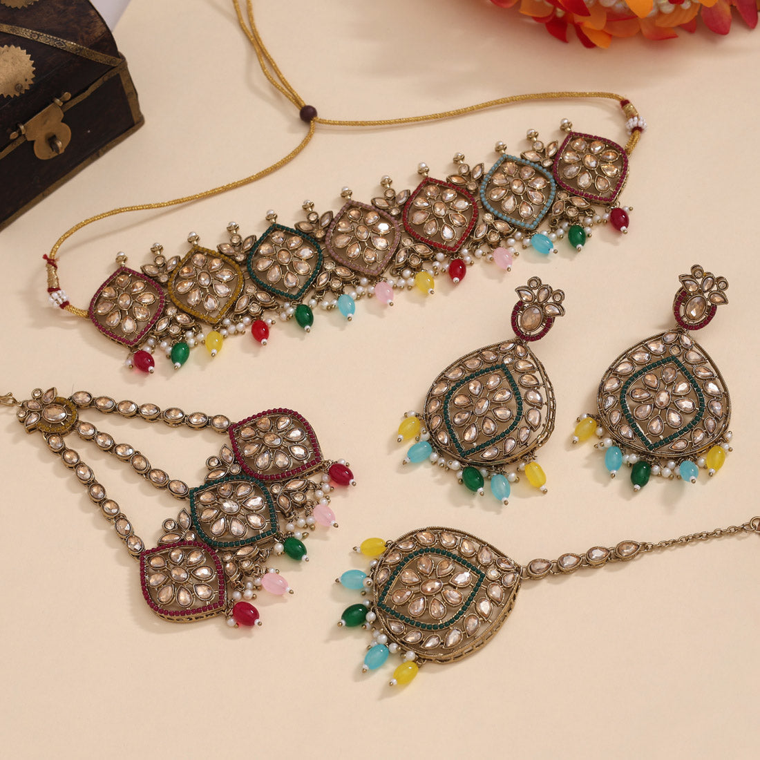 Multi Color Pakistani Choker Kundan Necklace Set (KN1449MLT) Jewellery GetGlit