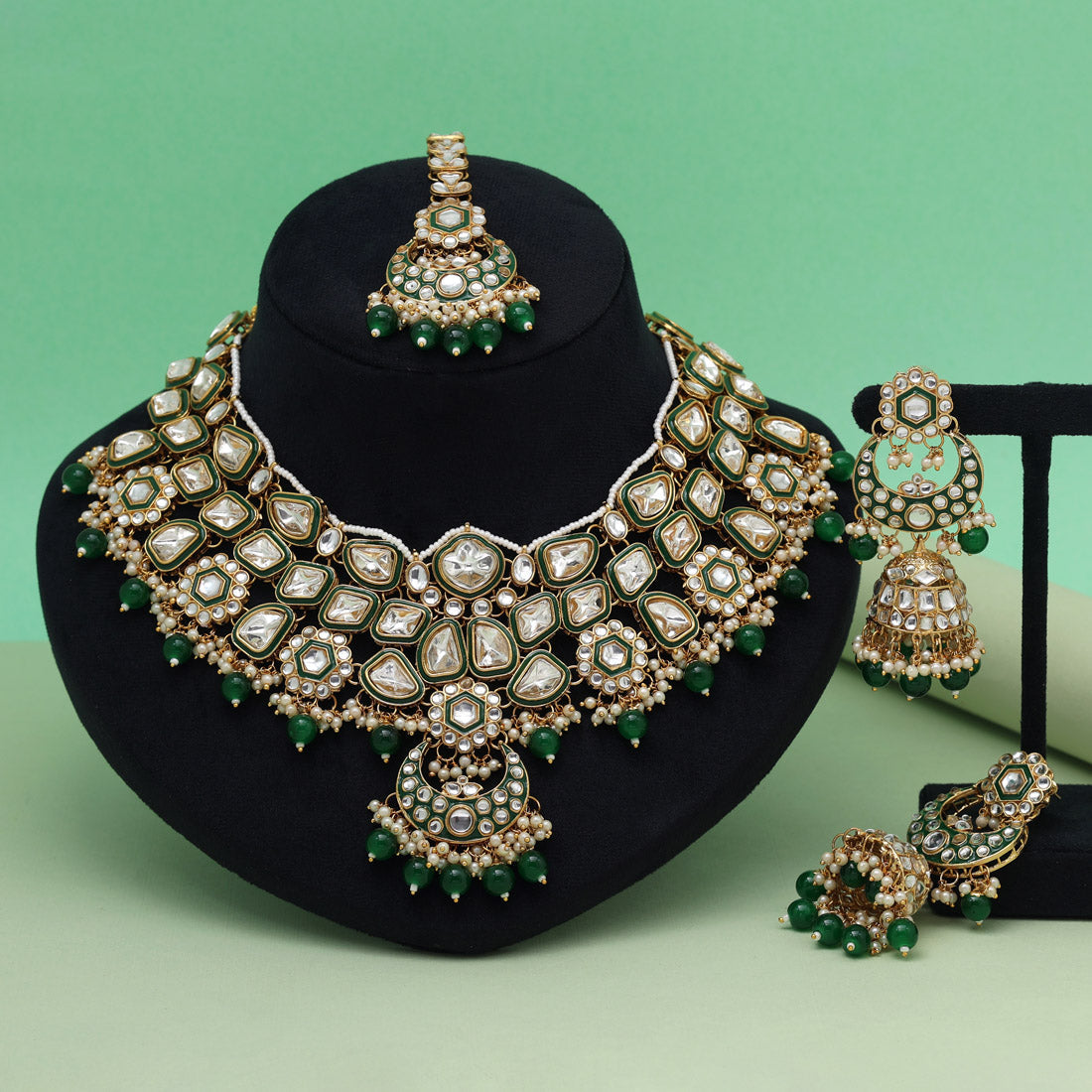 Green Color Meena Work Kundan Necklace Set (KN1452GRN) Jewellery GetGlit