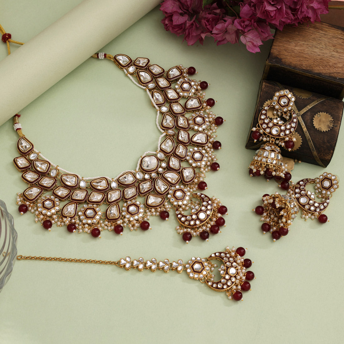Maroon Color Meena Work Kundan Necklace Set Jewellery GetGlit
