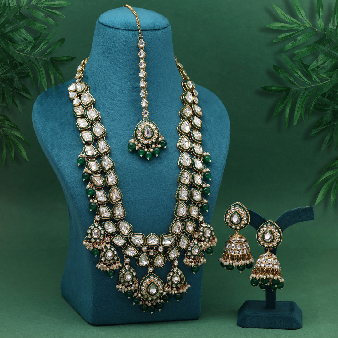 Green Color Meena Work Kundan Necklace Set (KN1453GRN) Jewellery GetGlit