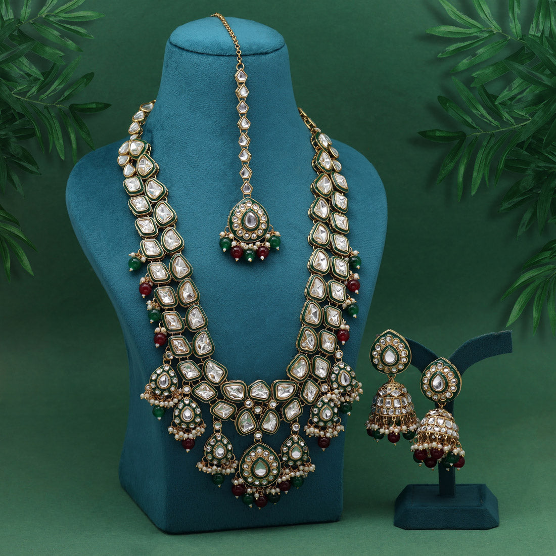 Maroon & Green Color Meena Work Kundan Necklace Set (KN1453MG) Jewellery GetGlit