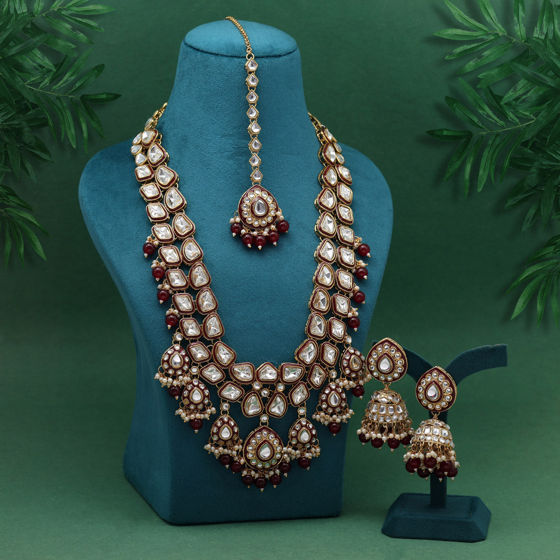 Maroon Color Meena Work Kundan Necklace Set (KN1453MRN) Jewellery GetGlit