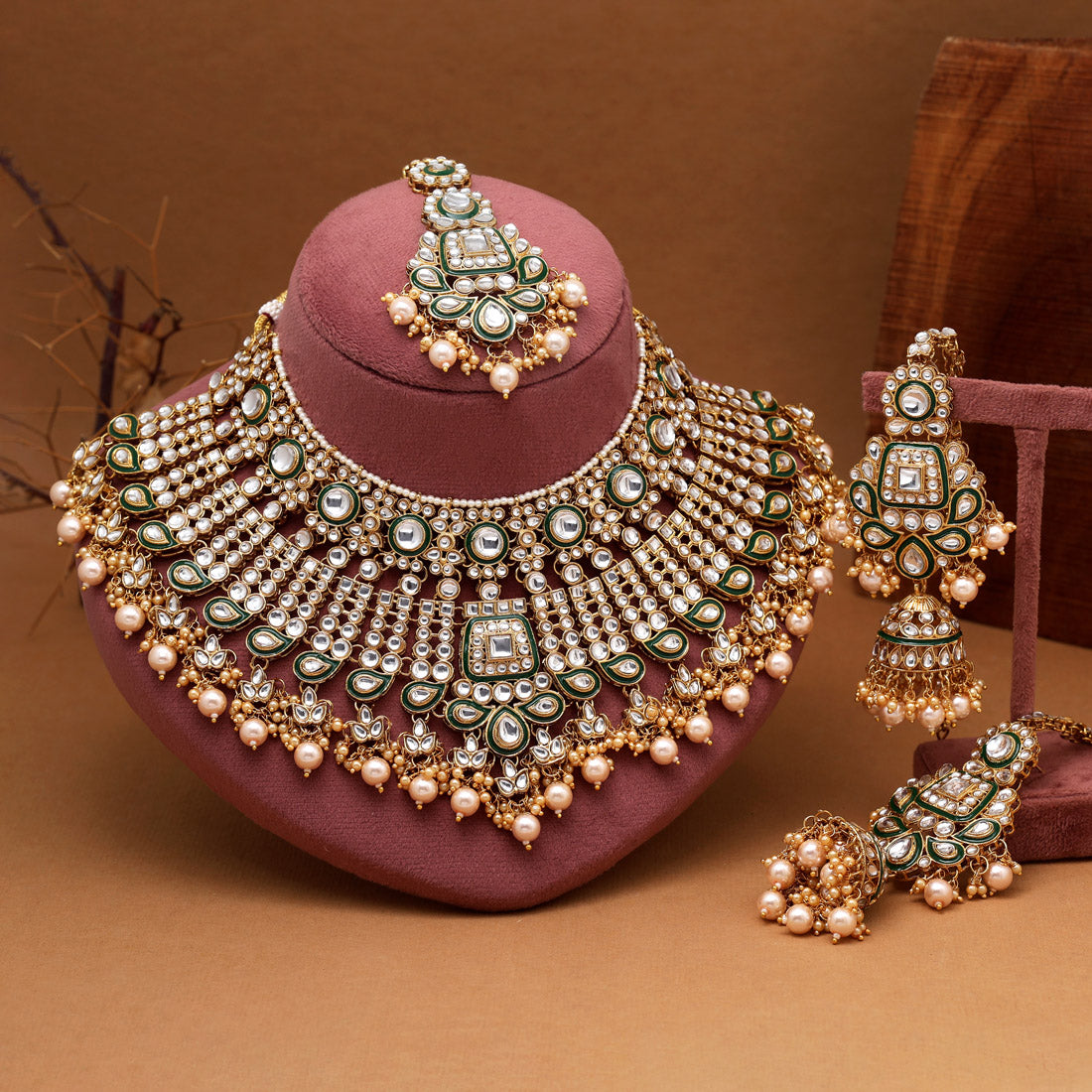 Gold Color Meena Work Kundan Necklace Set (KN1454GLD) Jewellery GetGlit