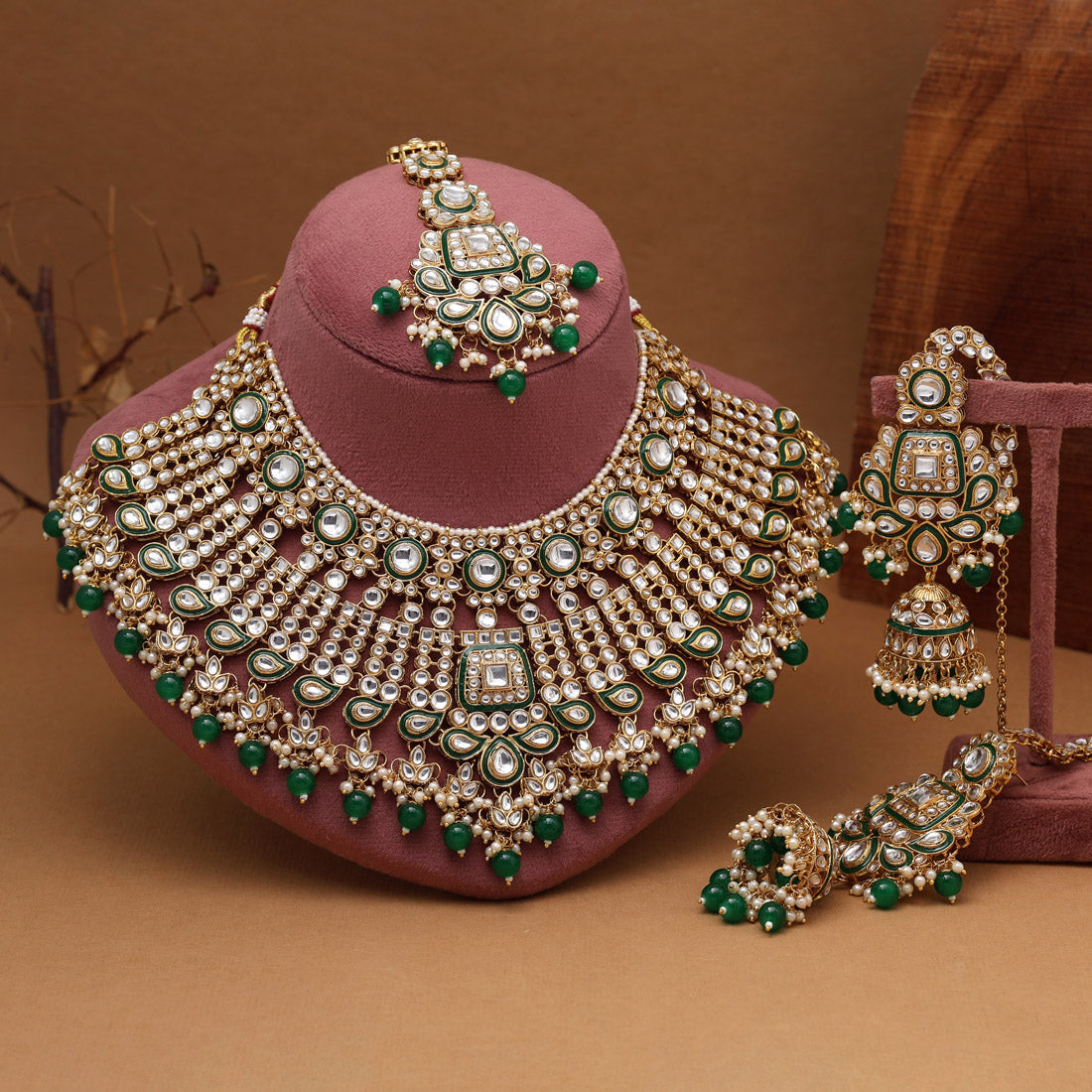 Green Color Meena Work Kundan Necklace Set (KN1454GRN) Jewellery GetGlit