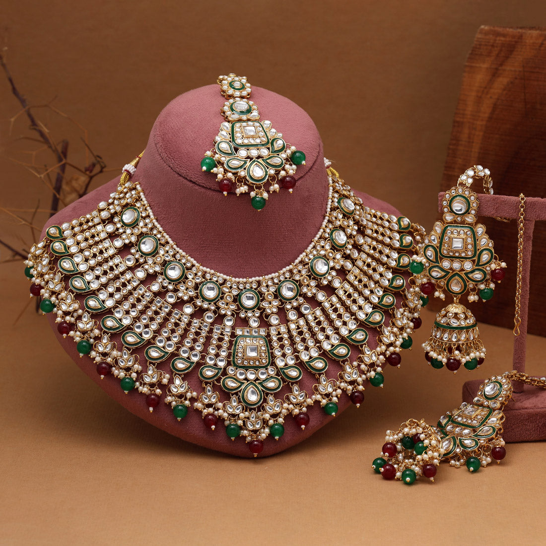 Maroon & Green Color Meena Work Kundan Necklace Set (KN1454MG) Jewellery GetGlit