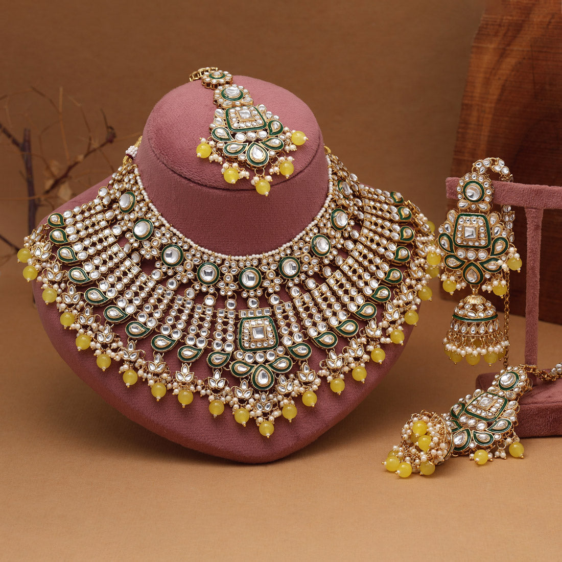 Yellow Color Meena Work Kundan Necklace Set (KN1454YLW)