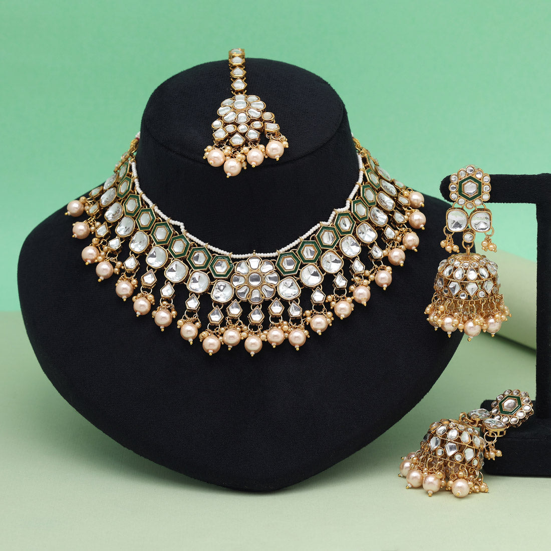 Gold Color Meena Work Kundan Necklace Set (KN1455GLD) Jewellery GetGlit