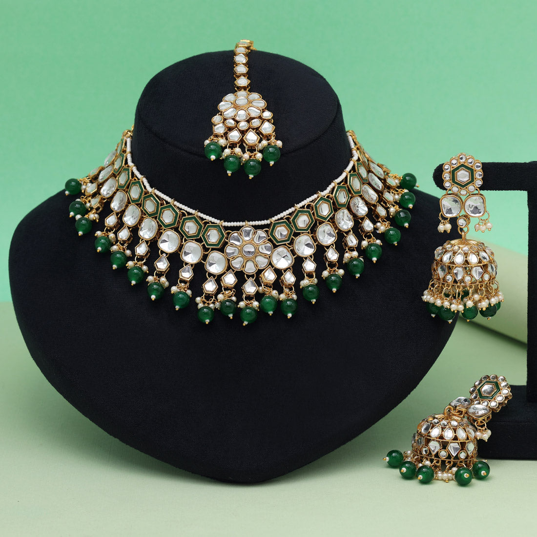 Green Color Meena Work Kundan Necklace Set (KN1455GRN) Jewellery GetGlit