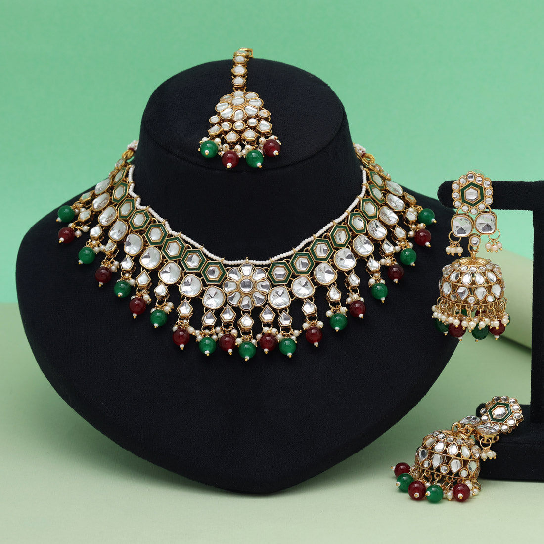 Maroon & Green Color Meena Work Kundan Necklace Set (KN1455MG) Jewellery GetGlit