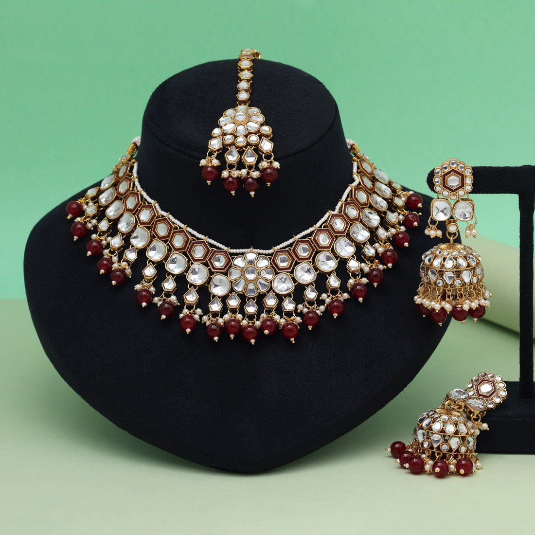 Maroon Color Meena Work Kundan Necklace Set (KN1455MRN) Jewellery GetGlit