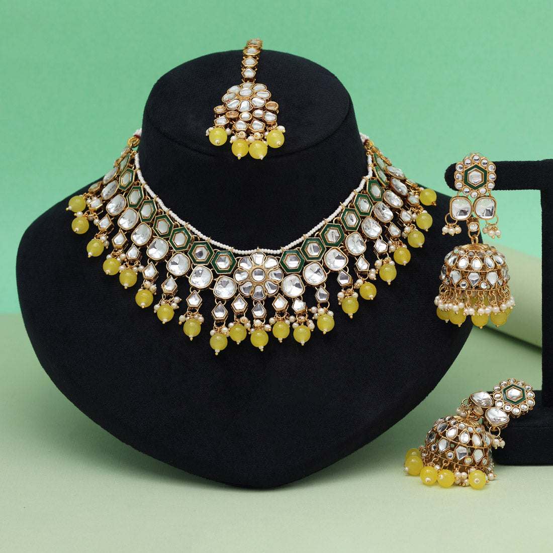 Yellow Color Meena Work Kundan Necklace Set (KN1455YLW) Jewellery GetGlit