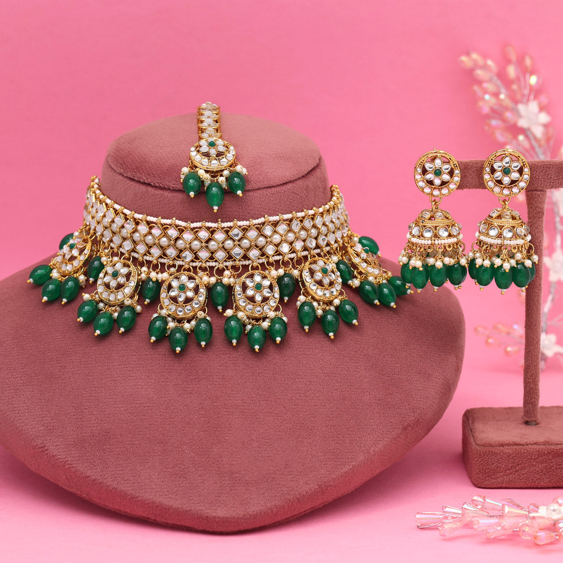 Green Color Choker Kundan Necklace Set (KN1456GRN) Jewellery GetGlit