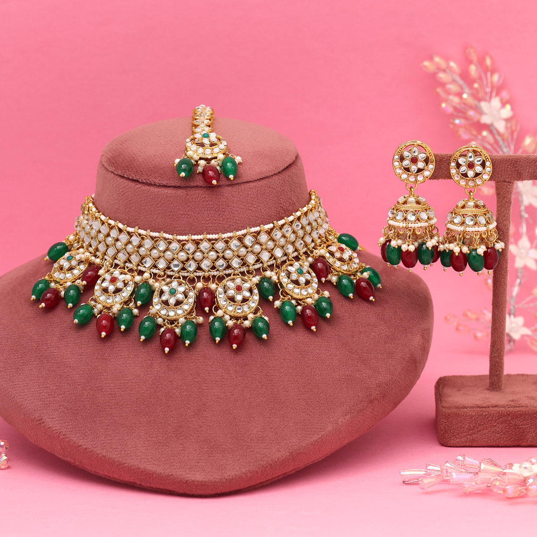 Maroon & Green Color Choker Kundan Necklace Set (KN1456MG) Jewellery GetGlit