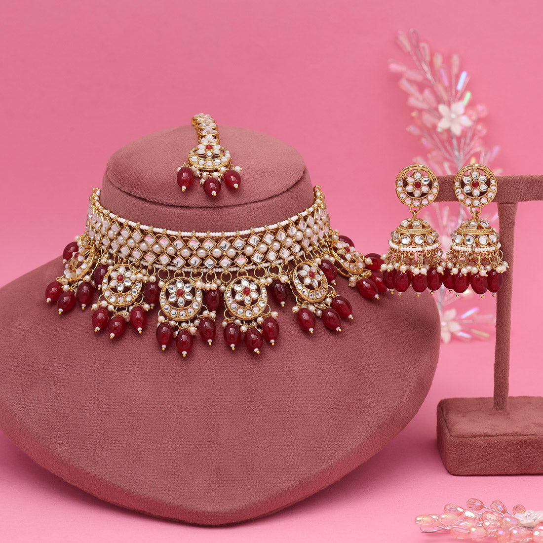 Maroon Color Choker Kundan Necklace Set (KN1456MRN) Jewellery GetGlit